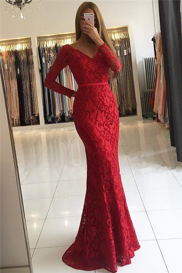 Wanna Prom Dresses, Evening Dresses in Mermaid style,  and delicate Lace work? stylesnuggle has all covered on this elegant Chic V-neck Open Back Scarlet Lace Evening Dresses Elegant Long Sleeves Fit and Flare Wholesale Prom Dresses yet cheap price.