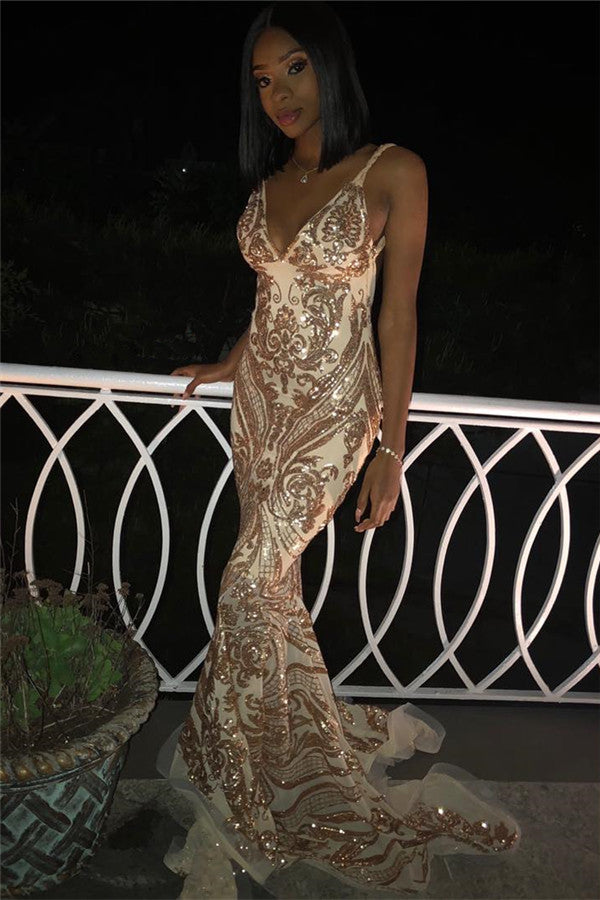 stylesnuggle offers all kinds of cheap V-neck evening dresses online,  sort by color,  neckline or fabric. Discover more styles V-Neck Spaghetti Straps Sleeveless Gold Appliques Mermaid Prom Dresses that will match you preferctly now.