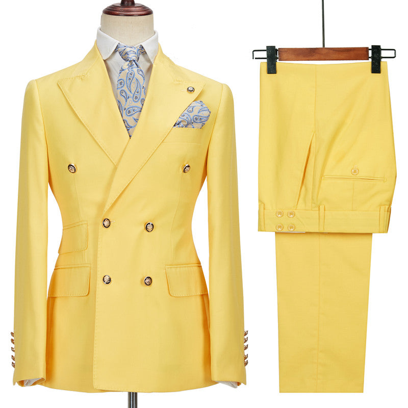 Chic Yellow Double Breasted Peaked Lapel Slim Fit Bespoke Men Suits-stylesnuggle