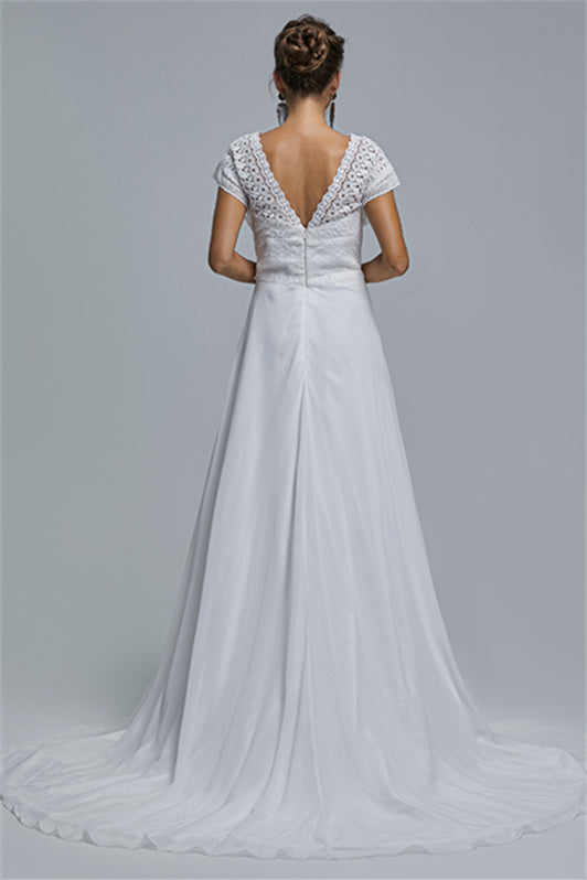 Chiffon A-line Portrait V-neck Applique Floor-length Sleeveless Wedding Dress Cover-stylesnuggle