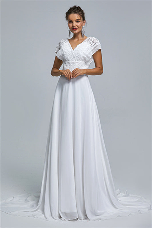 Chiffon A-line Portrait V-neck Applique Floor-length Sleeveless Wedding Dress Cover-stylesnuggle