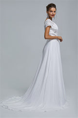 Chiffon A-line Portrait V-neck Applique Floor-length Sleeveless Wedding Dress Cover-stylesnuggle