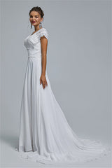 Chiffon A-line Portrait V-neck Applique Floor-length Sleeveless Wedding Dress Cover-stylesnuggle