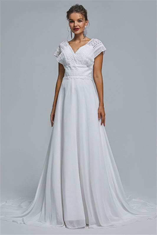 Chiffon A-line Portrait V-neck Applique Floor-length Sleeveless Wedding Dress Cover-stylesnuggle