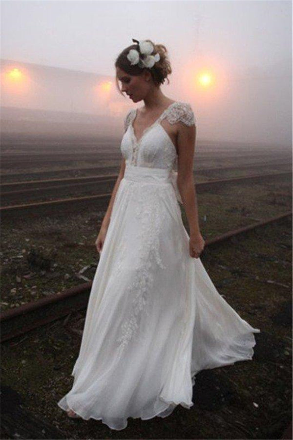 Chiffon A Line Sleeveless V neck Floor Length Lace Wedding Dresses-stylesnuggle