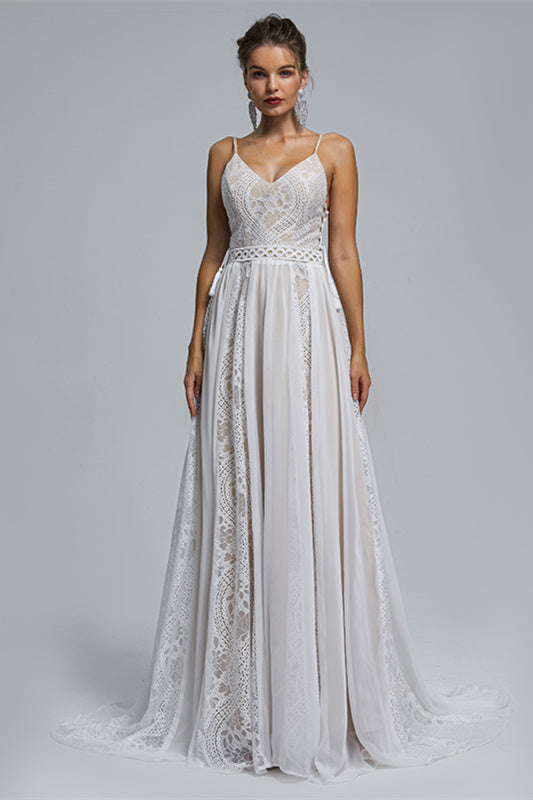 Chiffon A-line V-neck Applique Floor-length Sleeveless Backless Wedding Dress Cover-stylesnuggle