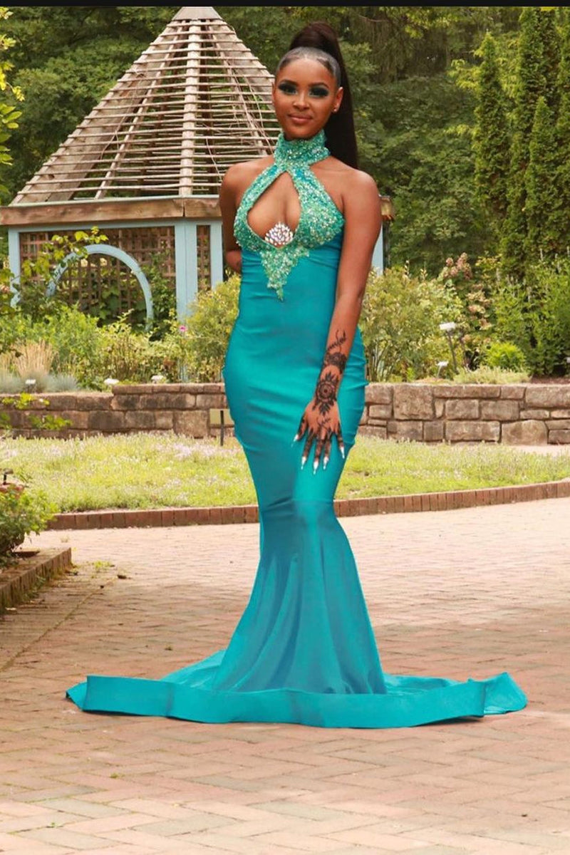 Chiffon Halter Sexy Green Mermaid Prom Dress Beaded Long Backless-stylesnuggle