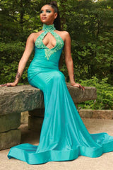 Chiffon Halter Sexy Green Mermaid Prom Dress Beaded Long Backless-stylesnuggle