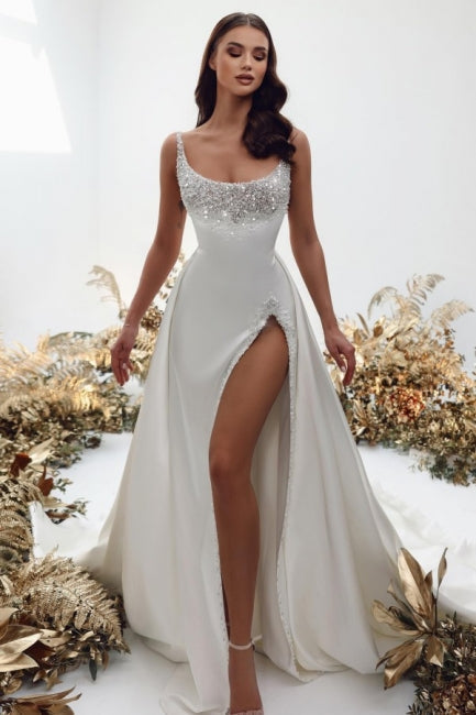 Chraming Square Sleeveless Wedding Dress with pearls-stylesnuggle