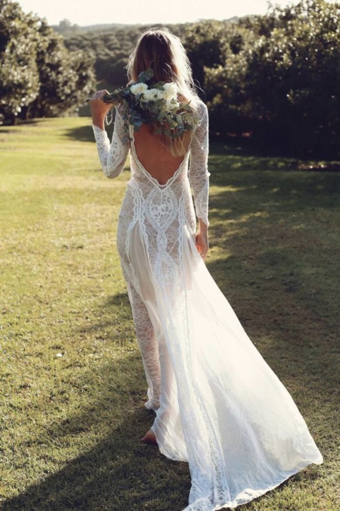 Wanna get a dress in 30D Chiffon, A-line style, and delicate Lace work? stylesnuggle custom made you this Classic Beach Long Sleevess Backless Lace Beach Wedding Dress Simple Summer Casual Bridal Gowns Online at factory price.