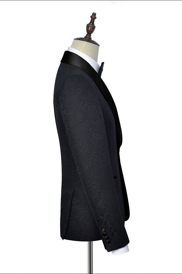 Classic Black Jacquard Wedding Tuxedo for Men Shawl Lapel Silk One Button Wedding Suits-stylesnuggle