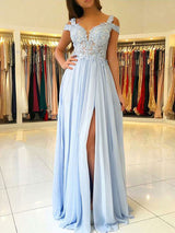 Chiffon Evening Dress A Line V Neck Floor Length Split Front Party Dresses Evening Dresses, fast delivery worldwide.