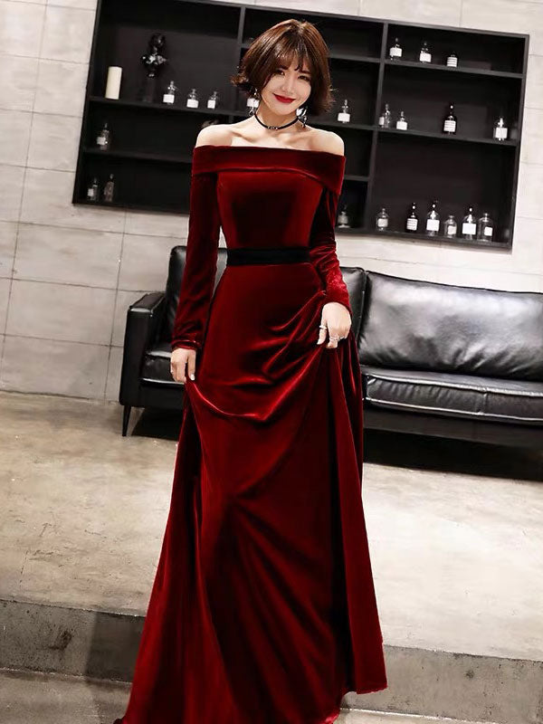 Evening Dresses Velvet Long Sleeve Off Shoulder Maxi Dresses