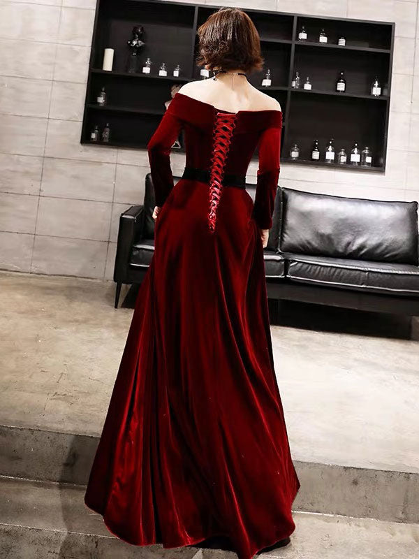 Evening Dresses Velvet Long Sleeve Off Shoulder Maxi Dresses