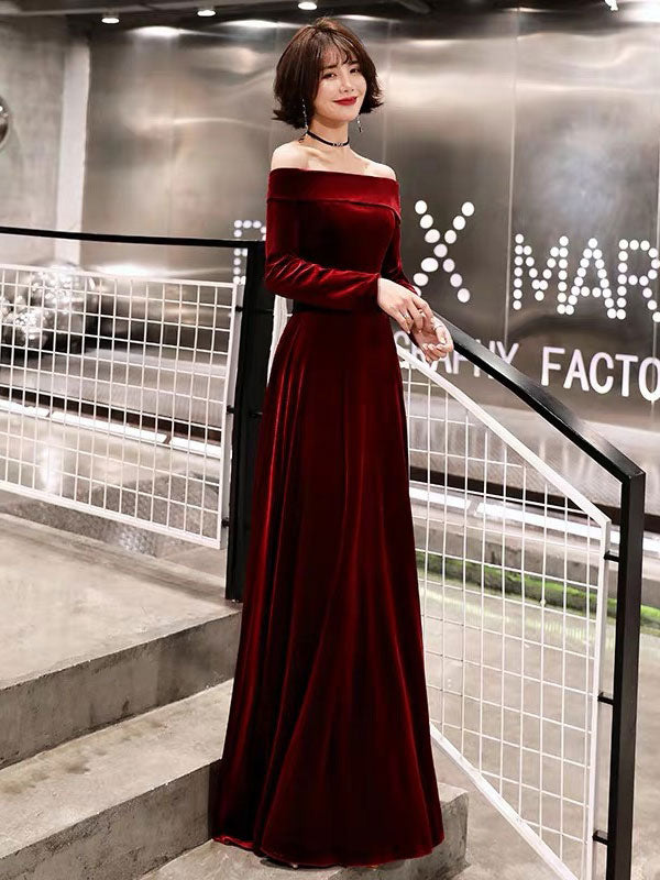 Evening Dresses Velvet Long Sleeve Off Shoulder Maxi Dresses