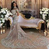 Wanna get a dress in Mermaid style, and delicate Lace,Crystal work? stylesnuggle custom made you this Classic High neck Long Sleevess Mermaid Wedding Dress Silver Tulle Bridal Gowns with Lace Appliques at factory price.