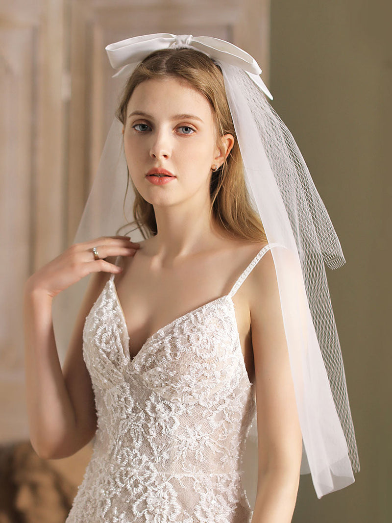 Classic Ivory Three-Tier Bows Mesh Cut Edge Medium Wedding Veil-stylesnuggle