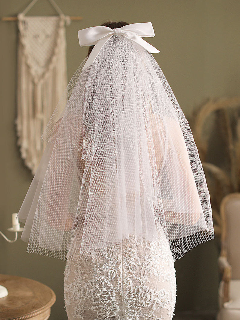 Classic Ivory Three-Tier Bows Mesh Cut Edge Medium Wedding Veil-stylesnuggle