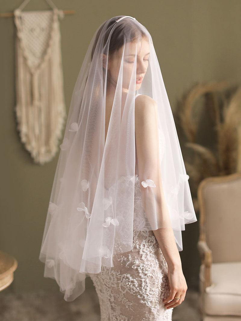 Classic Ivory Two-Tier Flowers Tulle Cut Edge Wedding Veils-stylesnuggle