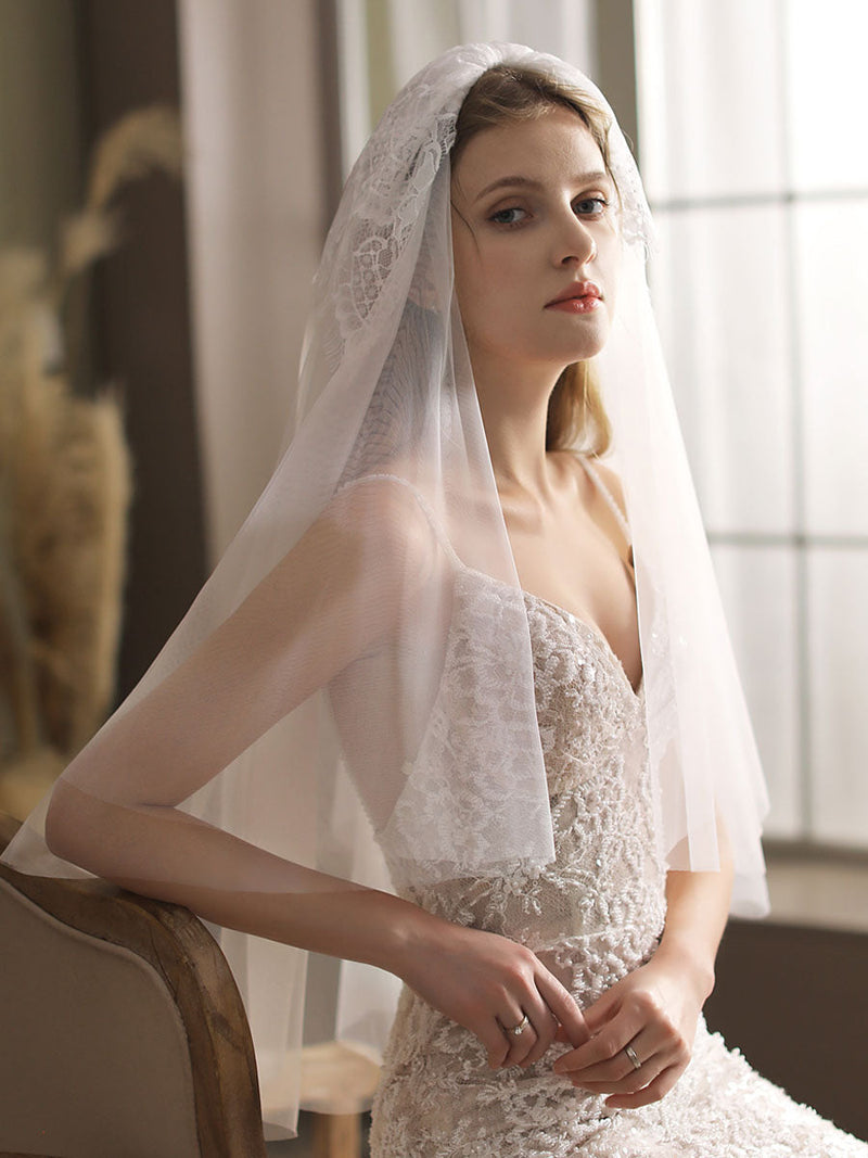 Classic Ivory Two-Tier Lace Tulle Cut Edge Wedding Veils-stylesnuggle