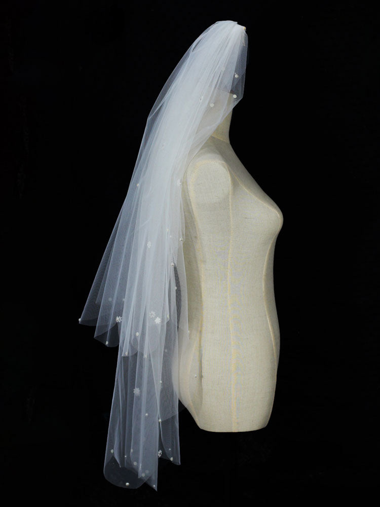 Classic Ivory Two-Tier Pearls Tulle Cut Edge Wedding Veil-stylesnuggle