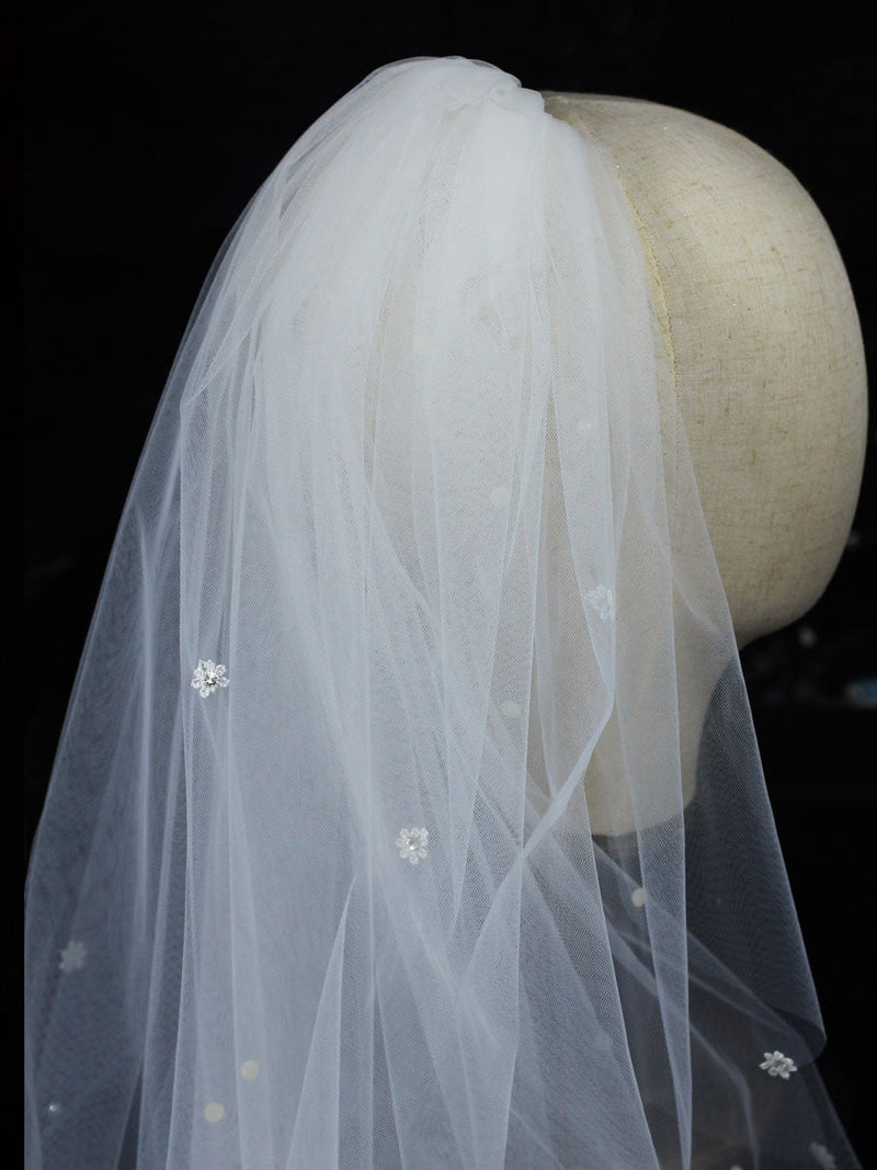 Classic Ivory Two-Tier Pearls Tulle Cut Edge Wedding Veil-stylesnuggle