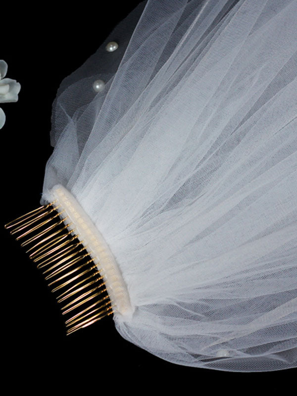 Classic Ivory Two-Tier Pearls Tulle Cut Edge Wedding Veil-stylesnuggle