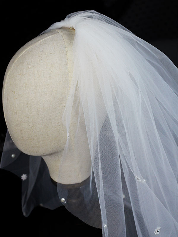 Classic Ivory Two-Tier Pearls Tulle Cut Edge Wedding Veil-stylesnuggle