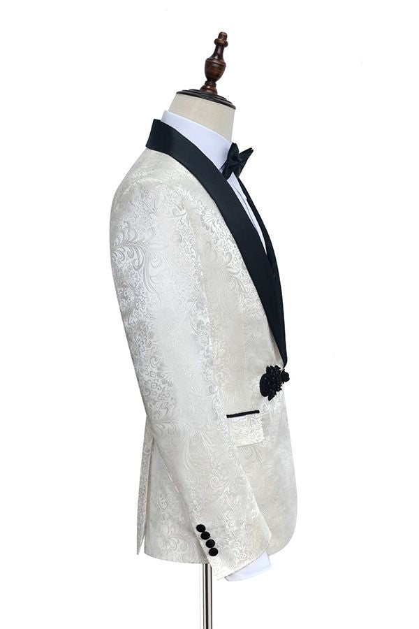 Classic Knitted Button Black Shawl Lapel Three Piece White Jacquard Wedding Tuxedo for Men-stylesnuggle