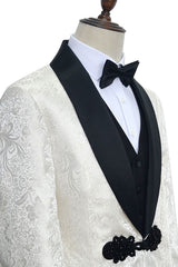 Classic Knitted Button Black Shawl Lapel Three Piece White Jacquard Wedding Tuxedo for Men-stylesnuggle