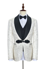 Classic Knitted Button Black Shawl Lapel Three Piece White Jacquard Wedding Tuxedo for Men