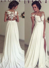 Buy high quality Classic cap sleeve log chiffon split wedding dresses from stylesnuggle.com. Shipping worldwide, custom made all sizes colors. SHOP NOW