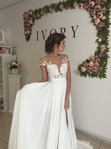 Buy high quality Classic cap sleeve log chiffon split wedding dresses from stylesnuggle.com. Shipping worldwide, custom made all sizes colors. SHOP NOW