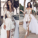 stylesnuggle.com supplies you Classic Lace Jumpsuit Asymmetirc See-through Overskirt White Wedding Dress online at an affordable price from Lace to Column Ankle-length skirts. Shop for Amazing Long Sleeves wedding collections for your big day.