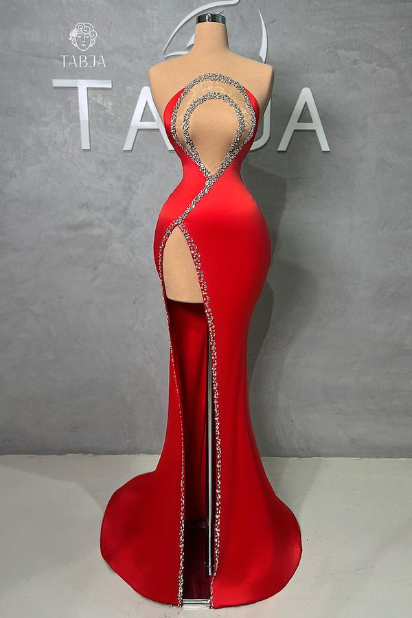 Classic Long Red Mermaid Beading Sleeveless Prom Dresses Long Slit Online-stylesnuggle