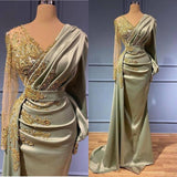 Classic Long Sleeves V-Neck Mermaid Evening Gowns Long Prom Dress With Appliques-stylesnuggle