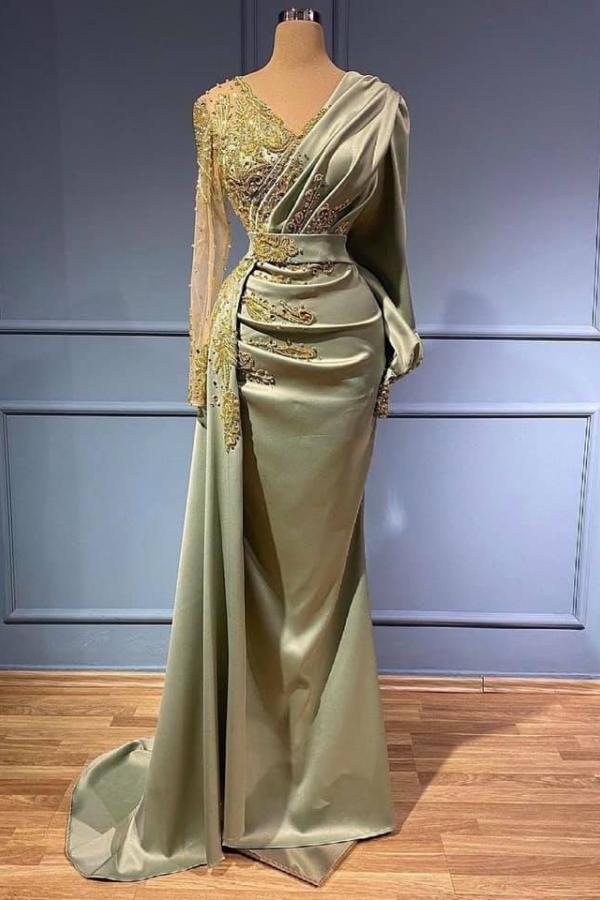 Classic Long Sleeves V-Neck Mermaid Evening Gowns Long Prom Dress With Appliques-stylesnuggle