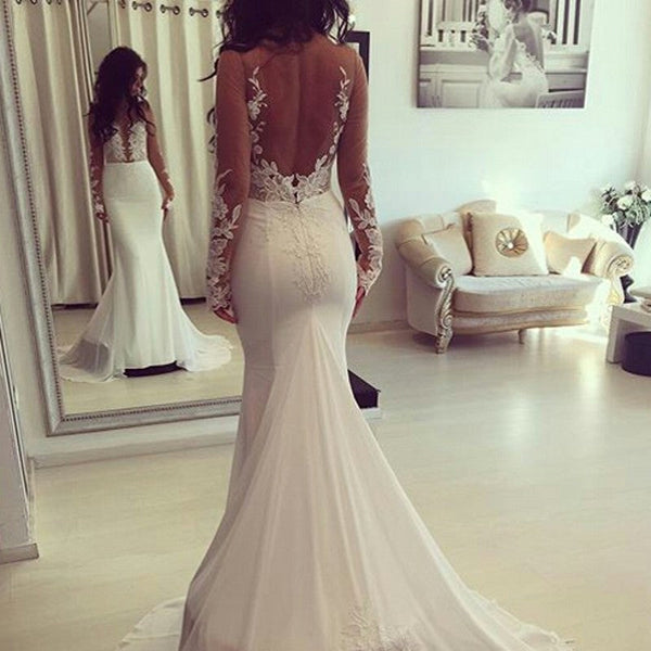 stylesnuggle offers Classic Mermaid Sheer Long-Sleeves Appliques Wedding Dresses at factory price ,all made in high quality,you will never regret order here.