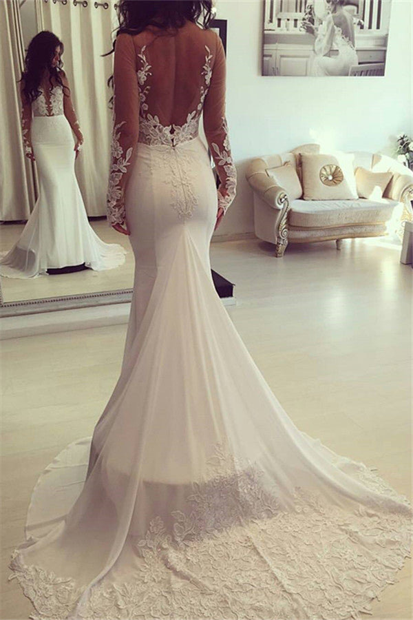 stylesnuggle offers Classic Mermaid Sheer Long-Sleeves Appliques Wedding Dresses at factory price ,all made in high quality,you will never regret order here.