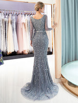 Mother Of The Groom Dresses Grey Long Sleeve Luxury Beading V Neck Sash Formal Gowns With Train