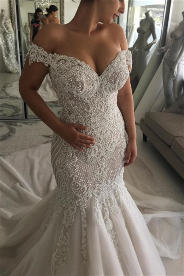 Classic Off the shoulder Sweetheart Pearl Mermaid Chapel Train Wedding Dress-stylesnuggle