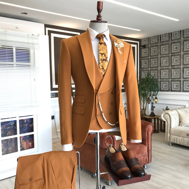 Classic Orange Peaked Lapel Double Breasted Waistcoat Tailored Prom Suits For Men-stylesnuggle