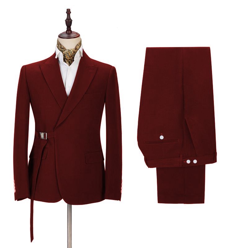 Classic Peak Lapel Buckle Button Formal Burgundy 2 Piece Men's Casual Suit Online-stylesnuggle