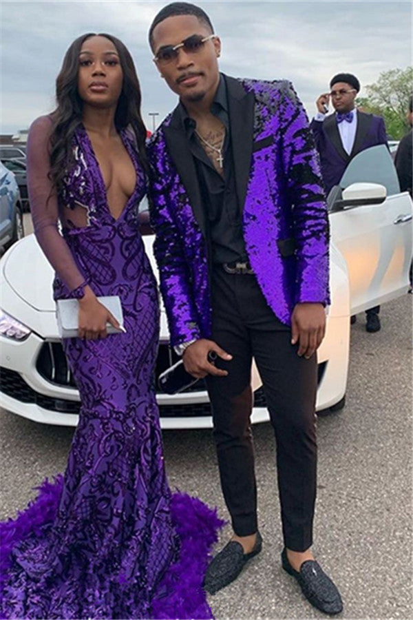 Classic Purple Sequined Men's Suit Two Piece Slim Fit Men's Prom Suits