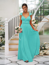 A-Line Charming Jersey Ruched V-neck Sleeveless Bridesmaid Dresses