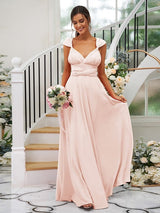 A-Line Charming Jersey Ruched V-neck Sleeveless Bridesmaid Dresses