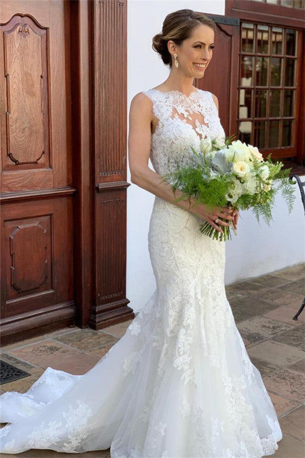 Inspired by this wedding dress at stylesnuggle.com,Mermaid style, and Amazing Lace work? We meet all your need with this Classic Classic Sleeveless Strap Lace Appliques Mermaid Bridal Wedding Dresses