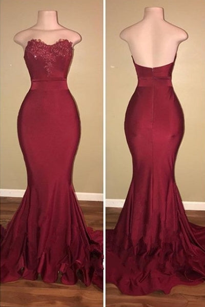 Looking for Prom Dresses, Evening Dresses in Stretch Satin,  Mermaid style,  and Gorgeous Appliques work? stylesnuggle has all covered on this elegant Classic Strapless Appliques Sweep Train Mermaid Prom Dresses.