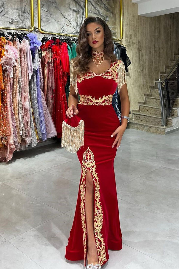 Classic Sweetheart Sleeveless Mermaid Ruby Prom Dresses Long Slit Online-stylesnuggle