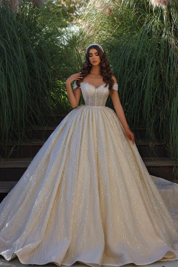 Classic Sweetheart Sleeveless Off-the-Shoulder Lace Wedding Dress With Ruffles Long-stylesnuggle